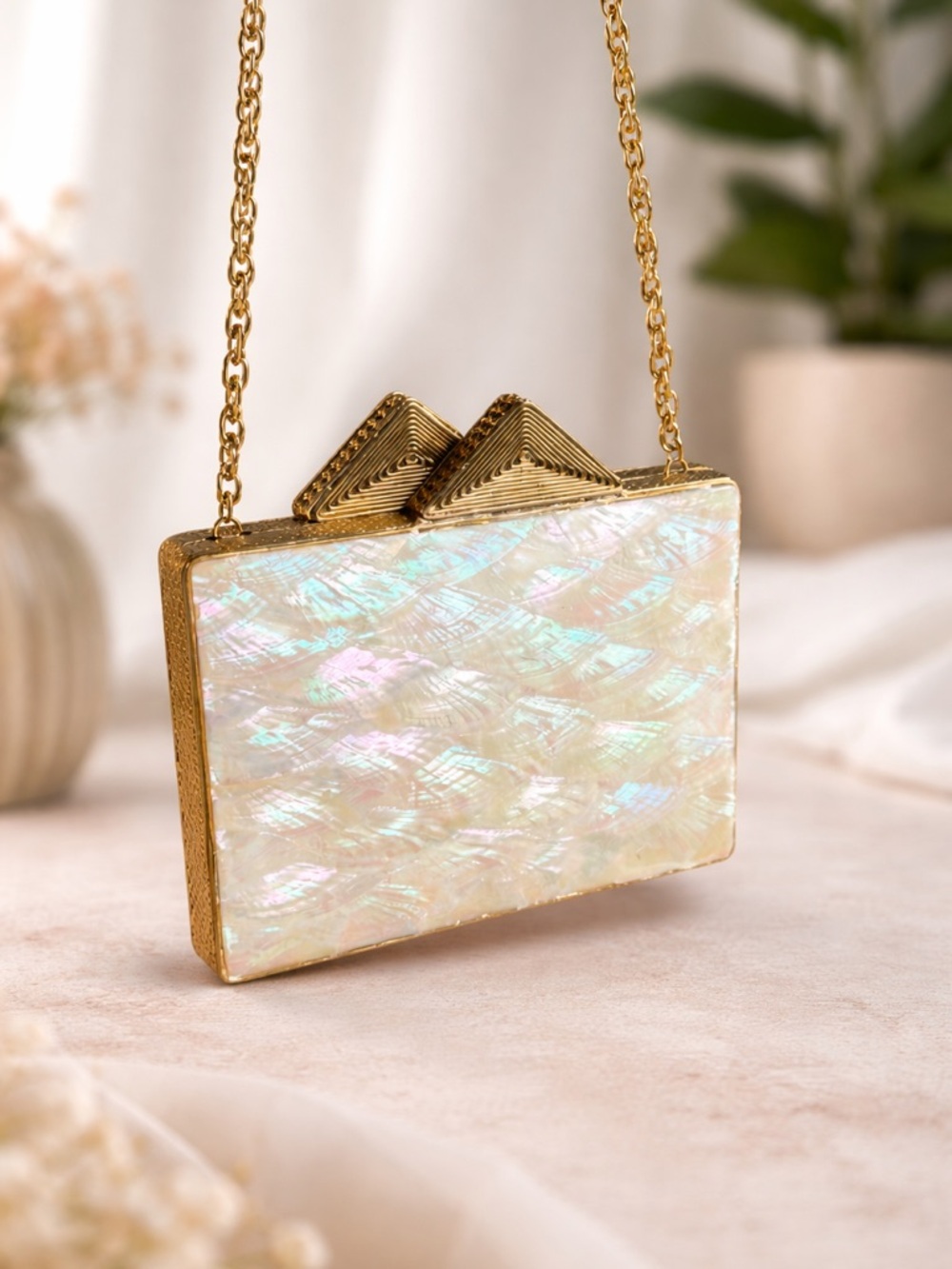 Iridescent Shell Effect Box Clutch with Gold Chain - Picture 7 of 12